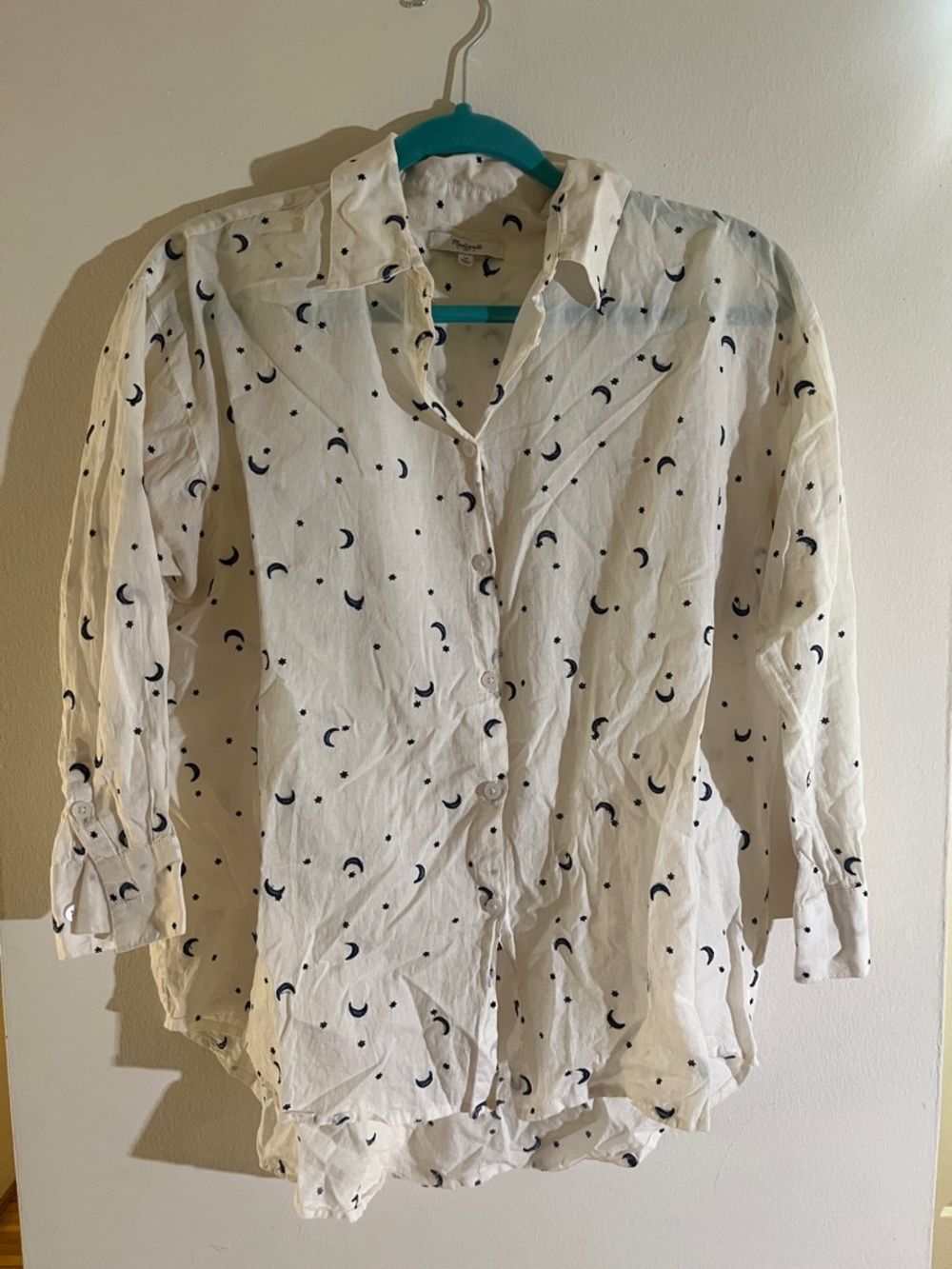 White Madewell button-down with witchy moon and star print